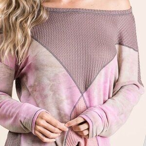 BiBi Thermal Waffle Color Block Top with Tie Dye